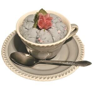 Pin Cushion Tea Cup Saucer Harkerware USA Spoon Rose Handmade Floral Ceramic